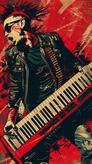 Sticker - Keyboardist Punk Rock Poster, Red and Black Style