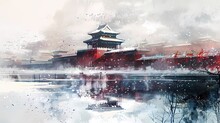 Red And White Snowy Traditional Building Illustration Poster Background