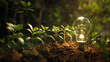 Light Bulb Glowing Among Young Seedlings Symbolizing Ideas in Growth