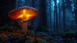 Glowing mushroom in dark forest