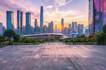 City square and skyline with modern buildings in Shenzhen at sunset, Guangdong Province, China - generative ai