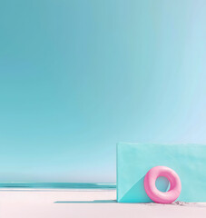 Wall Mural - View of a pink rubber ring on the white sand beach with a sea view. Summer vacation concepts.