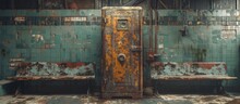 Old Rust-covered Locker Situated In A Deteriorating Structure Along With A Pair Of Seating Benches