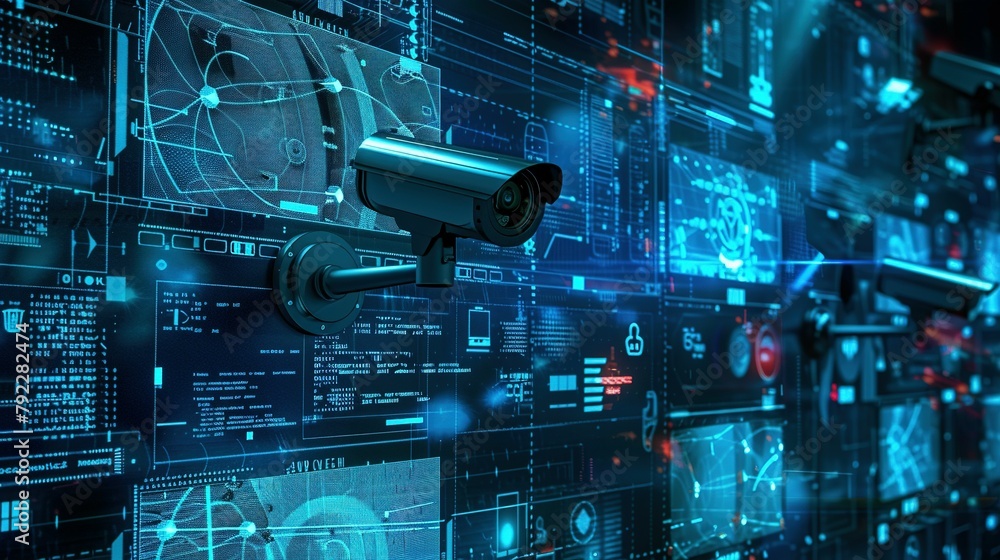 Secuity Camera Widget wide banner of security CCTV cameras and guard monitoring screen hud UI ...