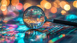 © nextzimost - Magnifying glass on colorful digital data background. Conceptual image for search, analysis, and technology. Design for banner, investigative research, and detailed examination concept.