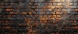 Fototapeta  - An old and worn brick wall is illuminated by a beam of light shining directly on its surface, showcasing rust and texture
