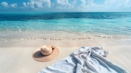 Wall Mural - A beach view with a hat and scarf on the white sand and clear seawater background. Summer vacation concepts.