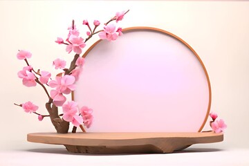 Wall Mural - Japanese style architect wood podium cosmetics with Sakura flower a branch background, For branding and product display presentation, 3d Empty minimal stage identity and packaging design