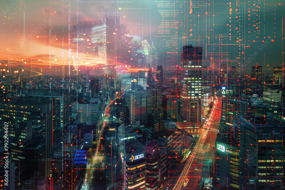 cityscape with overlaid smart city data analytics, including traffic ...