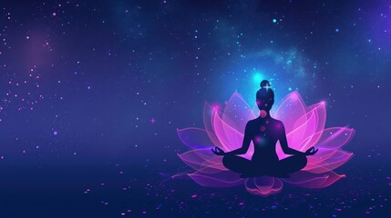 human body in yoga lotus asana on neon purple lotus petals and dark blue space with stars background