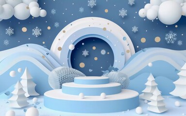 Winter sale product banner, podium platform with geometric shapes and snowflake background, paper illustration and exquisite 3d paper