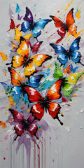 Wall Mural - Vertical abstract oil painting with colorful butterflies, knife painting, paint spots and strokes. Large stroke oil painting, vertical