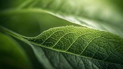 Wall Mural - A soft focus on the exuberant texture of a leaf, in a green abstract background, offers a close-up nature image.