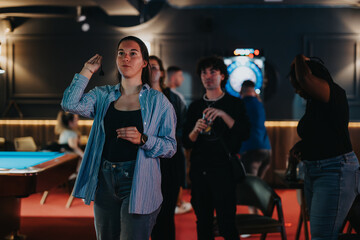 Friends gather for a playful night out, throwing darts and sharing laughter in a vibrant bar setting.