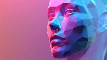 human head created in low poly style. Face of beauty female, smart person. AI generated