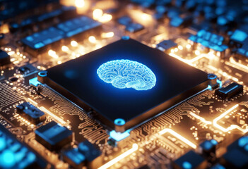 'ai processing data big motherboard computer microchip circuit brain blue Glowing concept hardware Intelligence Artificial Rendering 3D board business center chips cloud communication computing'