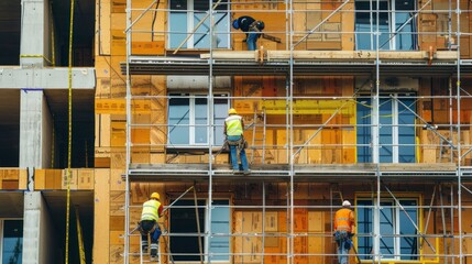 Wall Mural - A construction crew installing siding on a multi-story building. 