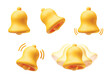 3d realistic notification yellow plastic bells icons set. Golden ringing bells with new notification for social media notice event reminder, website and apps elements 3d rendering vector illustration