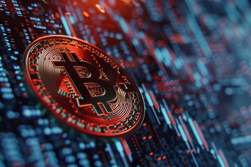 Close-up of a Bitcoin against a backdrop of financial graphs and digital code