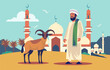 Arabian Muslim Man with Sheep Goat in Front of Mosque for Islamic Eid Al Adha