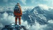 Snowy mountain summit panorama, mountaineer standing tall, feeling of accomplishment and grandeur, photorealism style, photograph, accomplishment, grandeur, summit, snowy, AI Generative