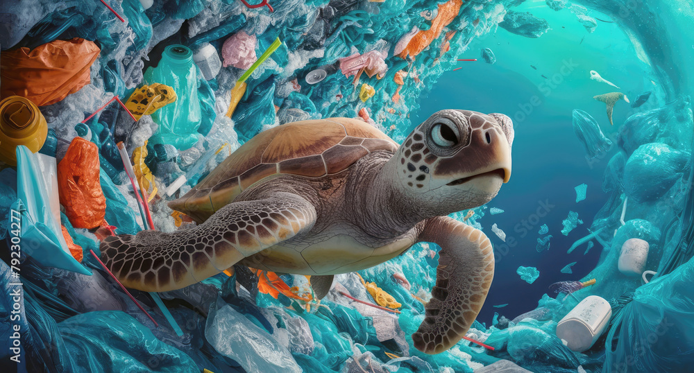 Turtle Sea Pollution Drawind Sea turtle swimming through a dense swirl of single-use plastic ...