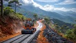road construction utilizing a roller compactor and asphalt finisher stock image