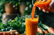 Close-up of a hand pouring a vibrant orange carrot and ginger juice into a tall glass, with a background of fresh vegetables
