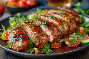 Wall Mural - Close up of honey garlic pork tenderloin with vegetable salad on table