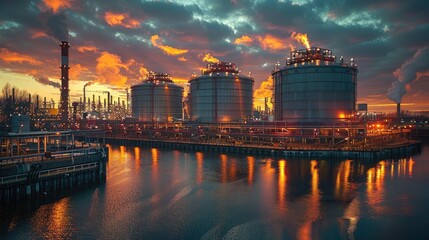 Wall Mural - a vast industrial complex with a massive lng storage tank designed for holding liquified natural gas at low temperatures showcasing modern energy infrastructure stock image