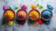 vibrant holi powder colors in bowls on a white background,art illustration