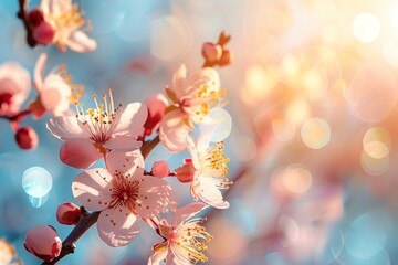 Wall Mural - Panoramic shot of flowering apricot branches on a sunny sky background with copy space: spring time concept