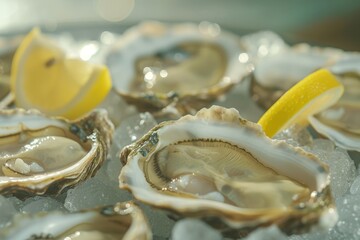 Wall Mural - Detailed view of oysters with lemon on ice at a fancy restaurant