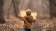 Back view of a young child in a brown jacket reading a map in a misty, wooded area.