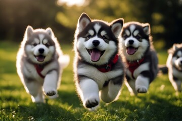 'run alaskan garden cute group grass malamute puppy adorable animal bitch box cabin canino dog doggy doghouse ear energetic eye green happy husky hut joy kennel leash little love nature outdoors park'