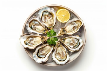Wall Mural - Fresh raw oysters on white background viewed from above