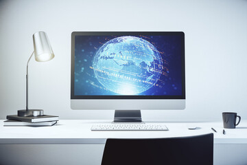 Wall Mural - abstract creative coding concept with world map on modern laptop screen. 3d rendering