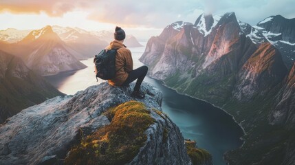 Wall Mural - A Tourist With A Backpacker With A Natural View In The Background.