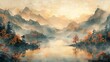 The abstract artistic background is hand-painted, Chinese style, artistic conception landscape painting, golden texture. Ink landscape painting. Modern Art. Prints, wallpapers, posters, murals,
