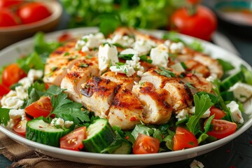 Wall Mural - Grilled chicken breast with Greek salad Healthy meal