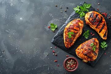 Wall Mural - Grilled chicken breasts with spices on a dark background flat lay with space for text