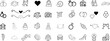 Wedding love vector icon set. Black line art of rings, hearts, cake, flowers, camera on white background. Perfect for invitations, greeting cards, web design