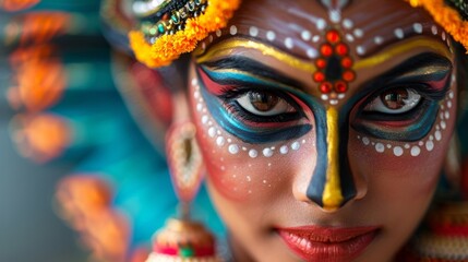 Closeup of a dancers face adorned with colorful traditional makeup conveying the heritage and cultural significance of the dance form. .