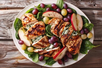 Sticker - Grilled chicken salad with fruit and cheese served on white dish on wooden table seen from above