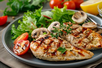 Wall Mural - Grilled chicken with lettuce tomatoes mushrooms herbs and lemon on plate