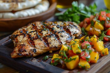 Wall Mural - Grilled chicken with mango salad and naan