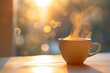 Coffee Cup with Morning Bokeh A steaming cup of coffee with a morning light bokeh effect in the background, symbolizing a fresh coffee