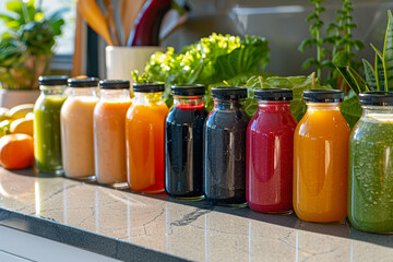 Colorful array of organic smoothies and fresh juices, vibrant fruits and vegetables visible, in glass bottles on a sunny countertop 