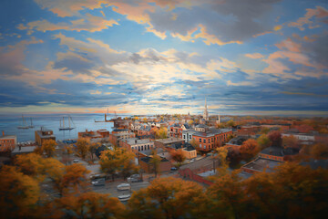 Wall Mural - aerial seaside cityscape oil painting, artwork.