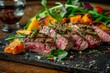 Grilled medium rare beef steak with vegetables roasted pumpkin and leafy green herb salad in a rustic pub